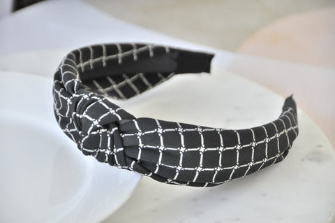 Fabric Knotted Headband - Black and White Checkered Squares