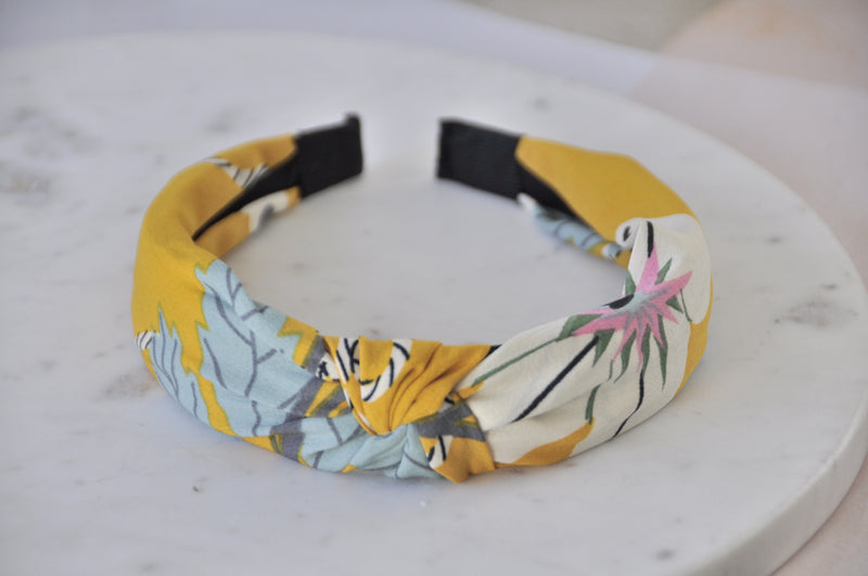 Fabric Knotted Headband - Mustard Yellow with Flowers and Leaves
