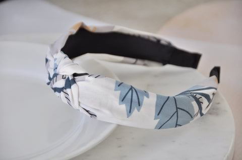 Fabric Knotted Headband - White with Flowers and Leaves