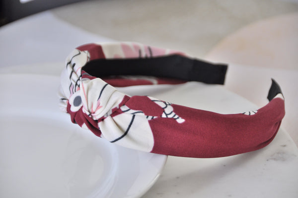 Fabric Knotted Headband - Burgandy White Flowers