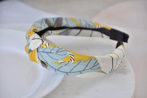 Fabric Knotted Headband - Mustard Yellow with Flowers and Leaves
