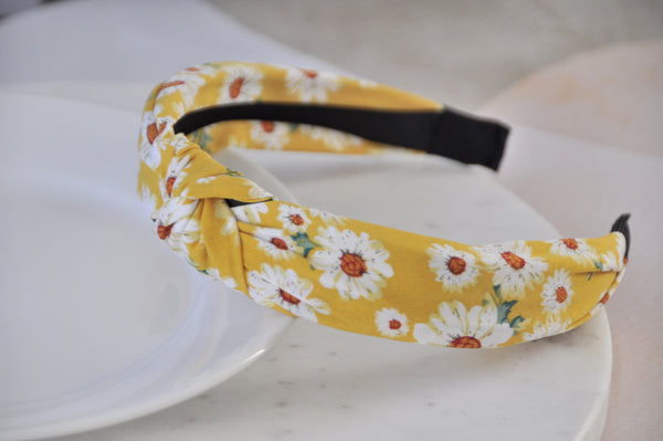Fabric Knotted Headband - Yellow with Daisies