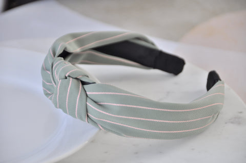 Fabric Knotted Headband - Pastel Olive Green Stripes