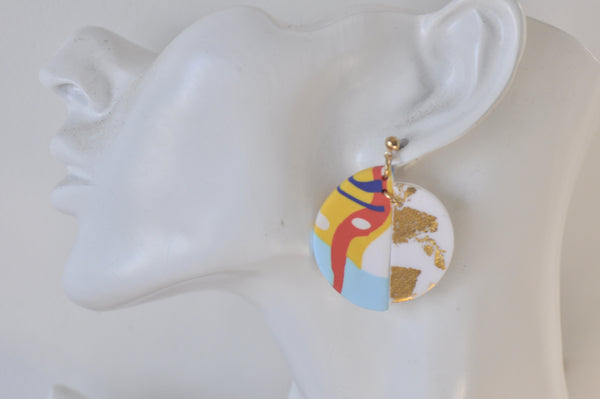 Clay Geometric Shapes and Patterns Gold Foil Drop Dangle Earrings