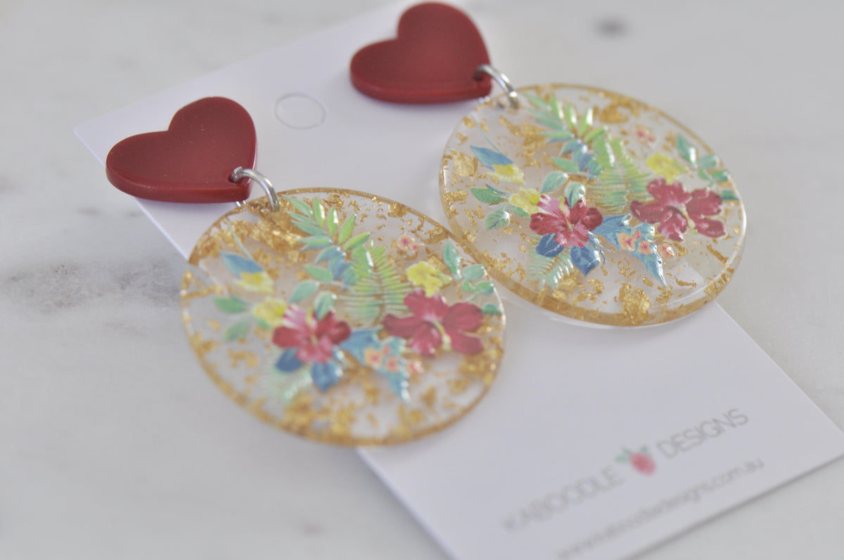 Geometric Hearts Frangipani Flower Gold Foil Drop Dangle Earrings