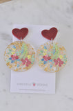 Geometric Hearts Frangipani Flower Gold Foil Drop Dangle Earrings
