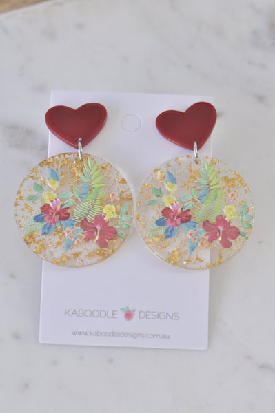 Geometric Hearts Frangipani Flower Gold Foil Drop Dangle Earrings