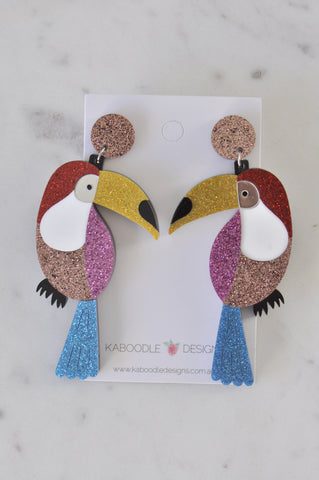 Acrylic Glitter Colourful Toucan Bird Drop Earrings