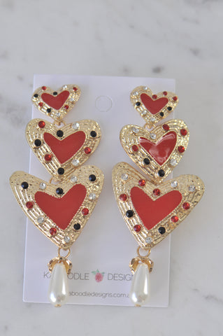 Red Hearts Faux Pearl Rhinestone Drop Dangle Earrings