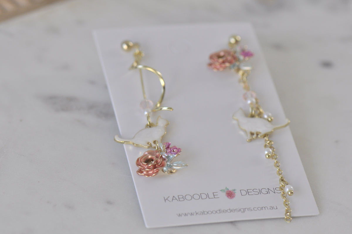 Novelty Cat Rose Flower Drop Dangle Earrings