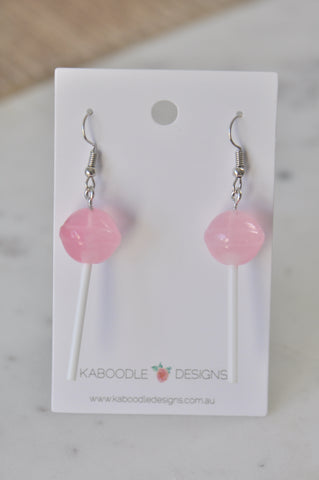 Lollipop Candy Novelty Fun Drop Dangle Earrings - Pink Strawberry