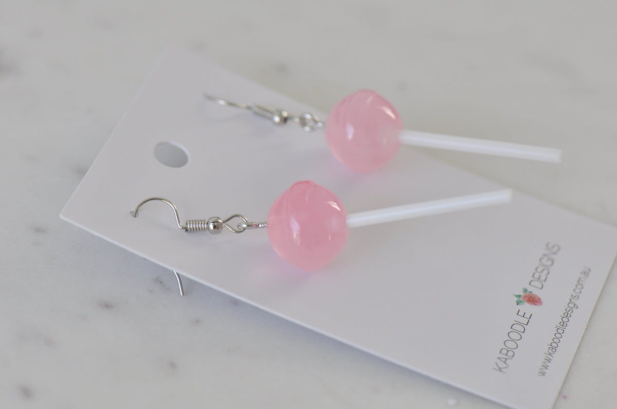 Lollipop Candy Novelty Fun Drop Dangle Earrings - Pink Strawberry