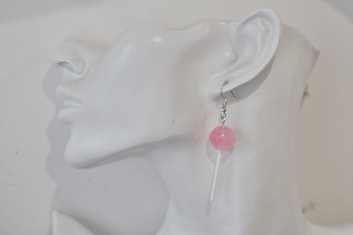 Lollipop Candy Novelty Fun Drop Dangle Earrings - Pink Strawberry