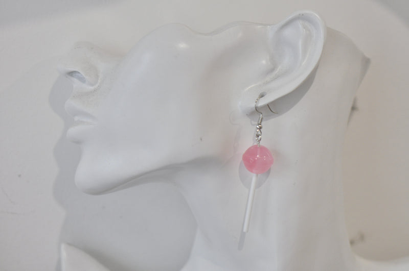 Lollipop Candy Novelty Fun Drop Dangle Earrings - Pink Strawberry