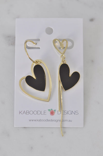 Black and Gold Hearts Statement Dangle Drop Earrings