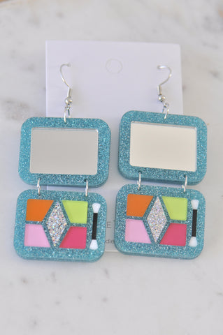 Acrylic Make Up Palette Eyeshadow Artist Mirror Glitter Drop Dangle Earrings - Blue