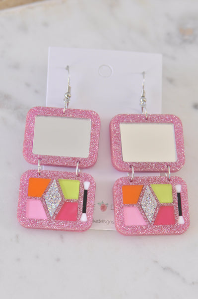 Acrylic Make Up Palette Eyeshadow Artist Mirror Glitter Drop Dangle Earrings - Pink