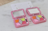 Acrylic Make Up Palette Eyeshadow Artist Mirror Glitter Drop Dangle Earrings - Pink