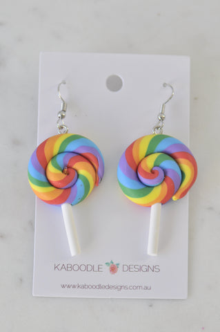 Colourful Clay Swirl Lollipop Candy Novelty Fun Drop Dangle Earrings