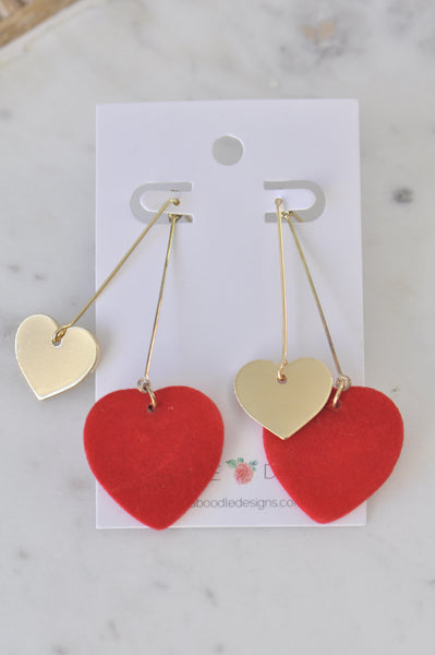 Red and Gold Hearts Dangle Drop Earrings