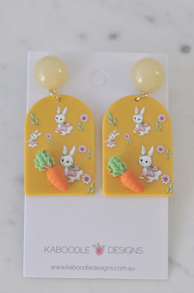 Geometric Mustard Rabbit Bunny Carrot Statement Drop Dangle Earrings