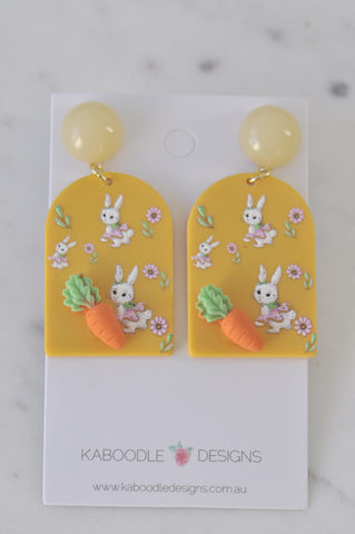 Geometric Mustard Rabbit Bunny Carrot Statement Drop Dangle Earrings