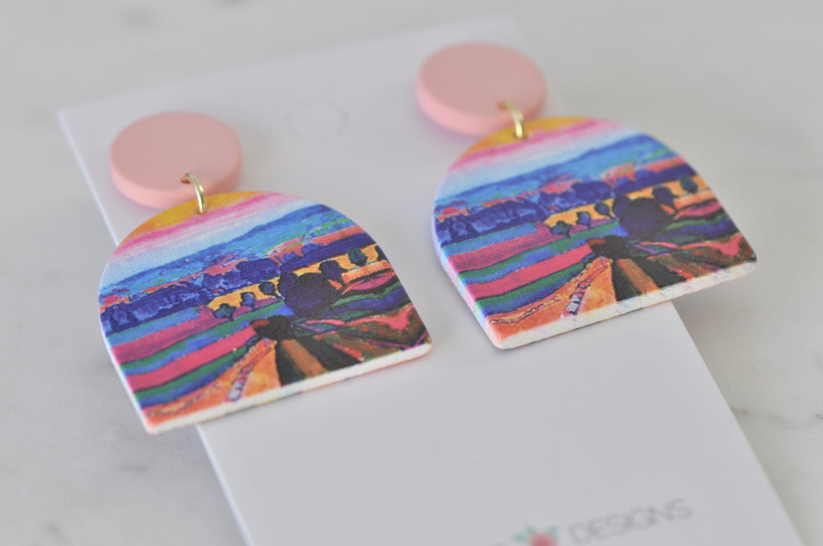 Geometric Rainbow Landscape Painting Style Statement Drop Dangle Earrings