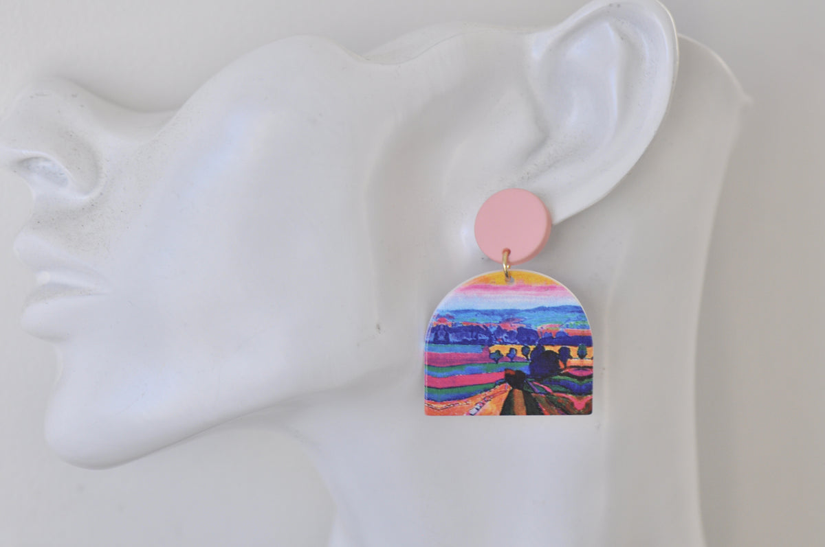 Geometric Rainbow Landscape Painting Style Statement Drop Dangle Earrings