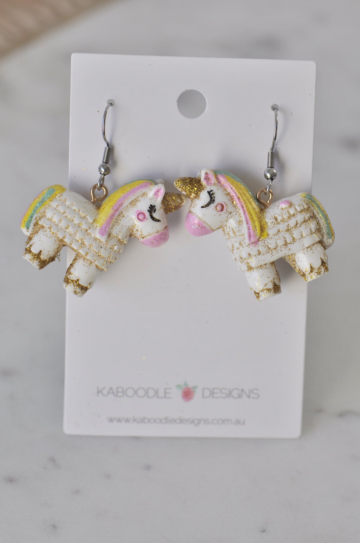 Miniature Rainbow Glitter Pinata Unicorn Dangle Drop Earrings