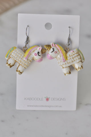 Miniature Rainbow Glitter Pinata Unicorn Dangle Drop Earrings
