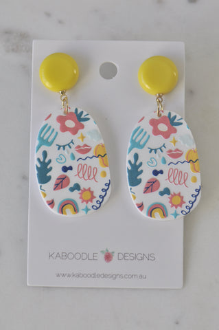 Geometric Mustard Boho Flowers and Patterns Drop Dangle Earrings