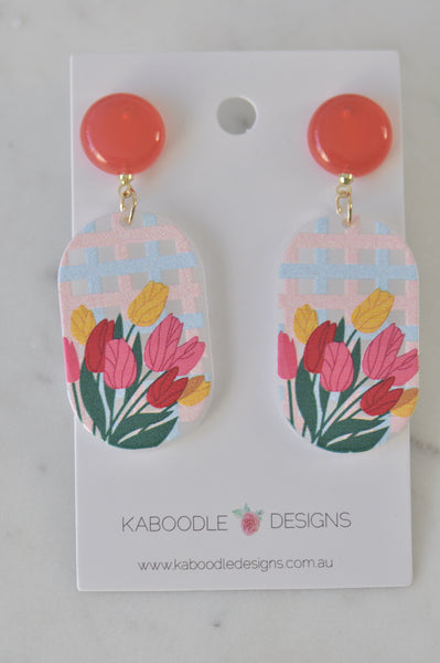 Geometric Coral Boho Tulip Flowers Drop Dangle Earrings