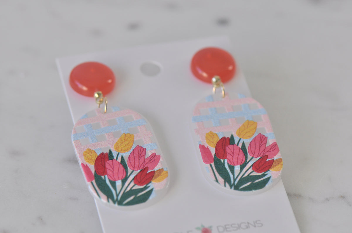 Geometric Coral Boho Tulip Flowers Drop Dangle Earrings