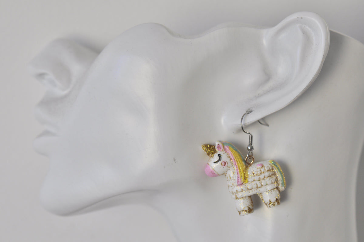 Miniature Rainbow Glitter Pinata Unicorn Dangle Drop Earrings
