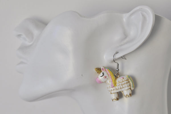 Miniature Rainbow Glitter Pinata Unicorn Dangle Drop Earrings
