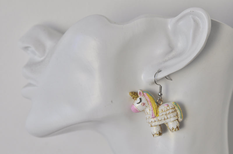 Miniature Rainbow Glitter Pinata Unicorn Dangle Drop Earrings