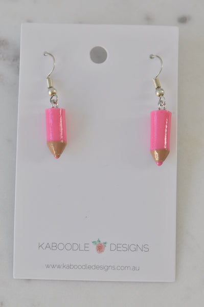 Miniature 3D School Teachers Classroom Pencil Dangle Earrings - Pink