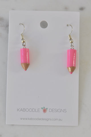 Miniature 3D School Teachers Classroom Pencil Dangle Earrings - Pink