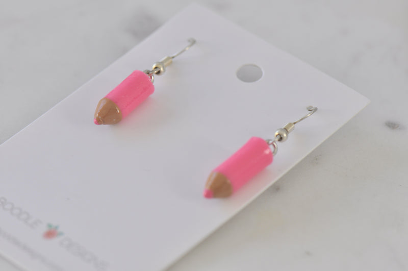 Miniature 3D School Teachers Classroom Pencil Dangle Earrings - Pink