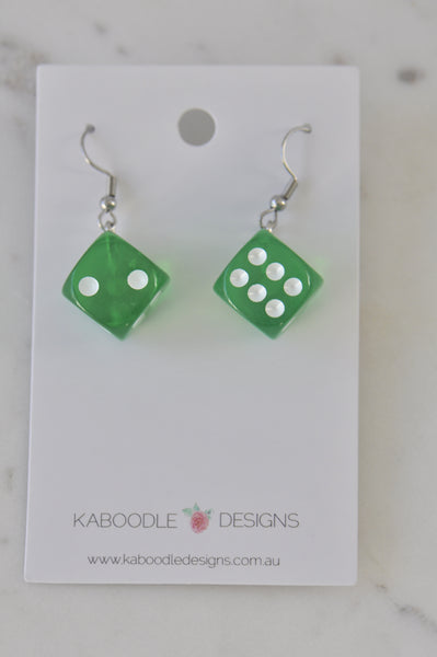 Novelty Dice Die Card Game Board Game Dangle Earrings - Green