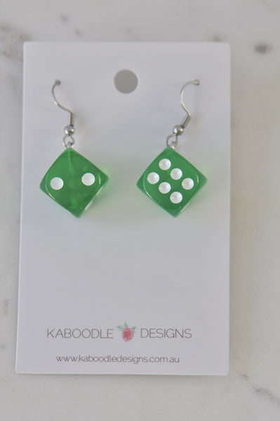 Novelty Dice Die Card Game Board Game Dangle Earrings - Green