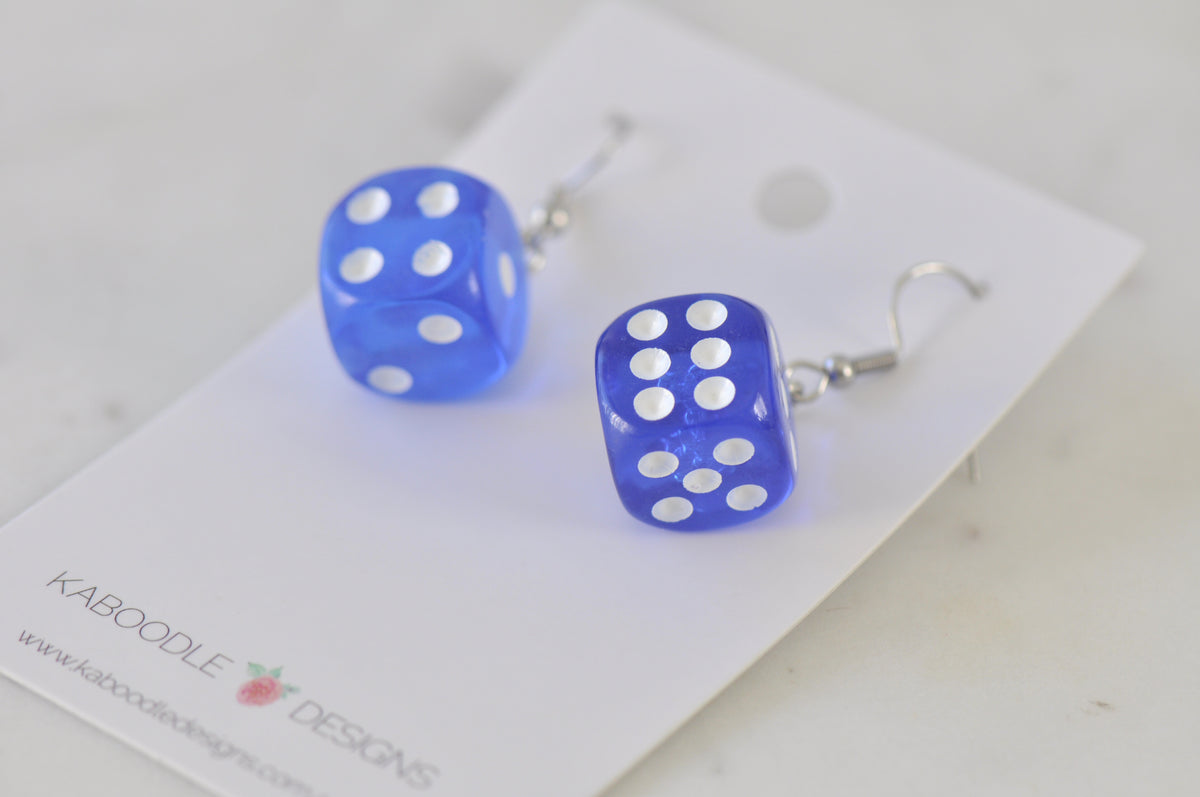 Novelty Dice Die Card Game Board Game Dangle Earrings - Blue
