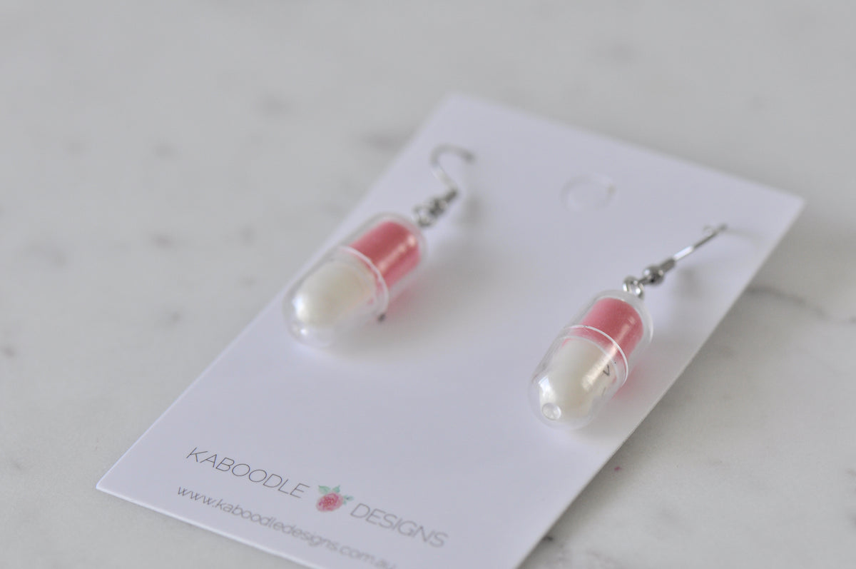 Novelty Medicine Tablet Happy Pills Dangle Earrings - Pink