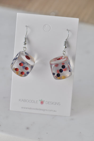 Novelty Dice Die Card Game Board Game Dangle Earrings - Transparent Clear