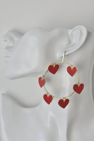 Red Hearts Hoop Drop Earrings