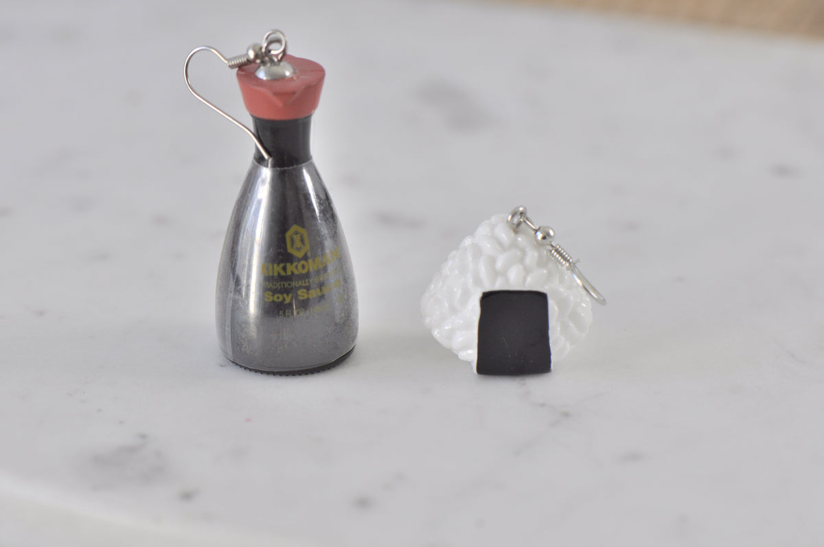 Novelty Fun 3D Kikkoman Soy Sauce Sushi Drop Dangle Earrings