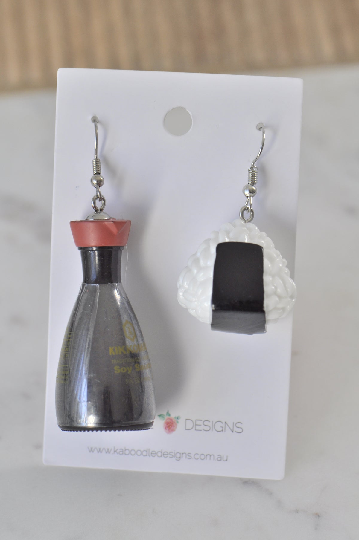 Novelty Fun 3D Kikkoman Soy Sauce Sushi Drop Dangle Earrings