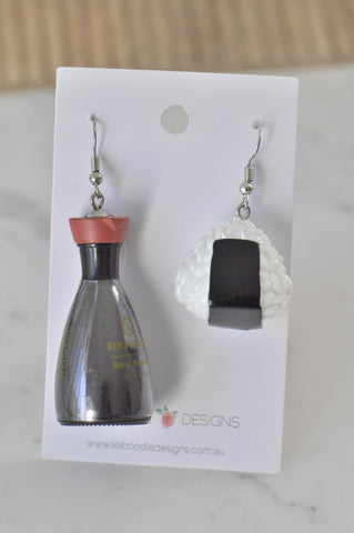 Novelty Fun 3D Kikkoman Soy Sauce Sushi Drop Dangle Earrings