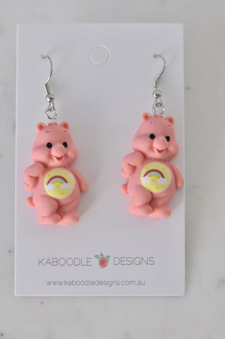 Teddy Bear Drop Dangle Earrings - Coral Pink