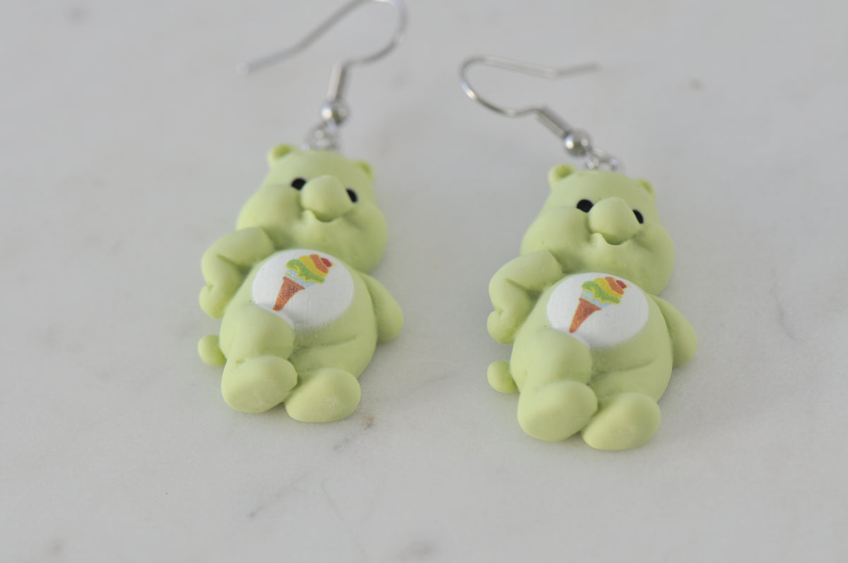 Teddy Bear Drop Dangle Earrings - Pastel Green
